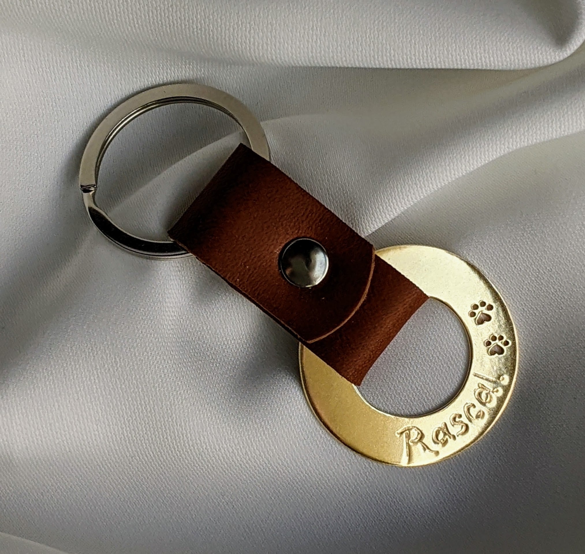 Leather Keepsake Key Ring With Two Paw Prints & Carved Name