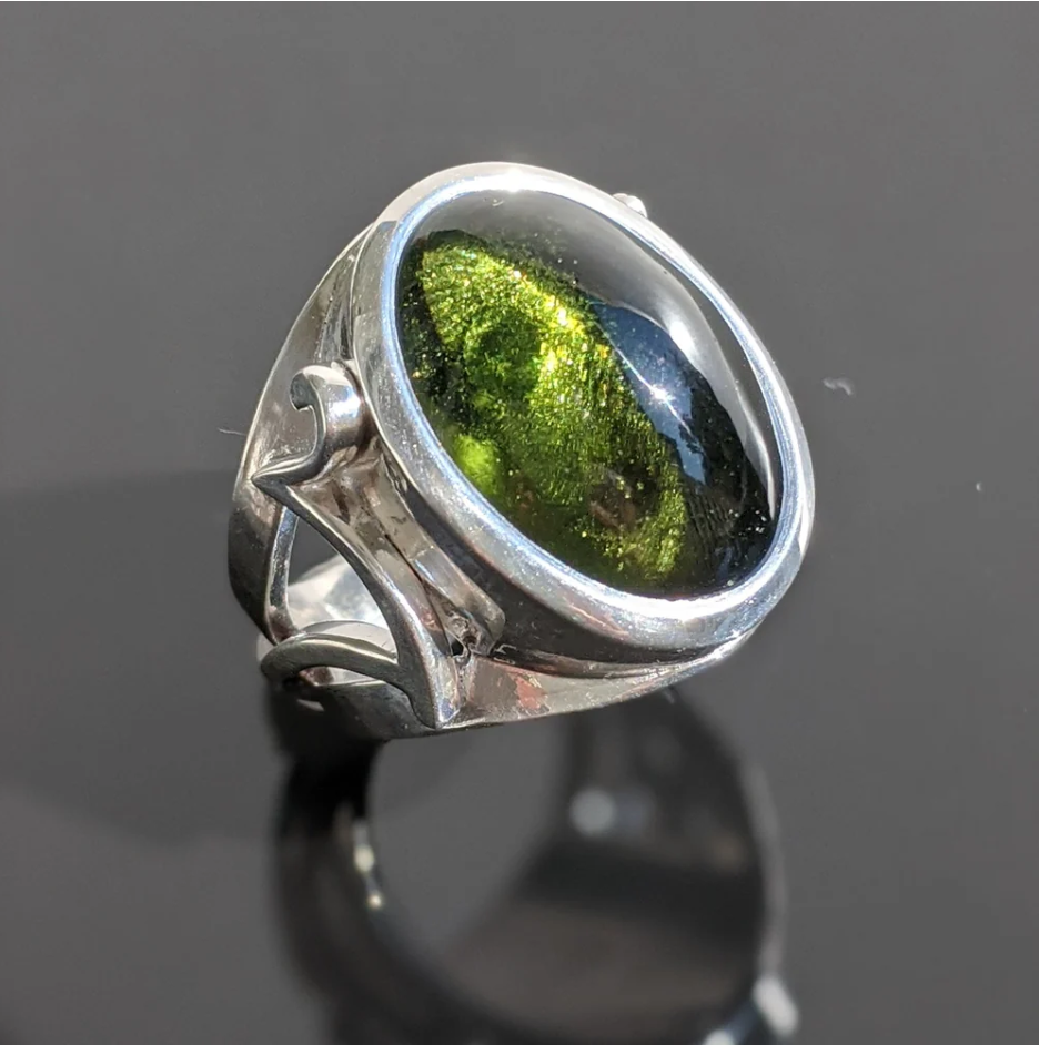 MOLDAVITE RING: Living Light symbols copyrighted by Meg Blackburn Losey, Ph.D., http://www.spiritlite.com