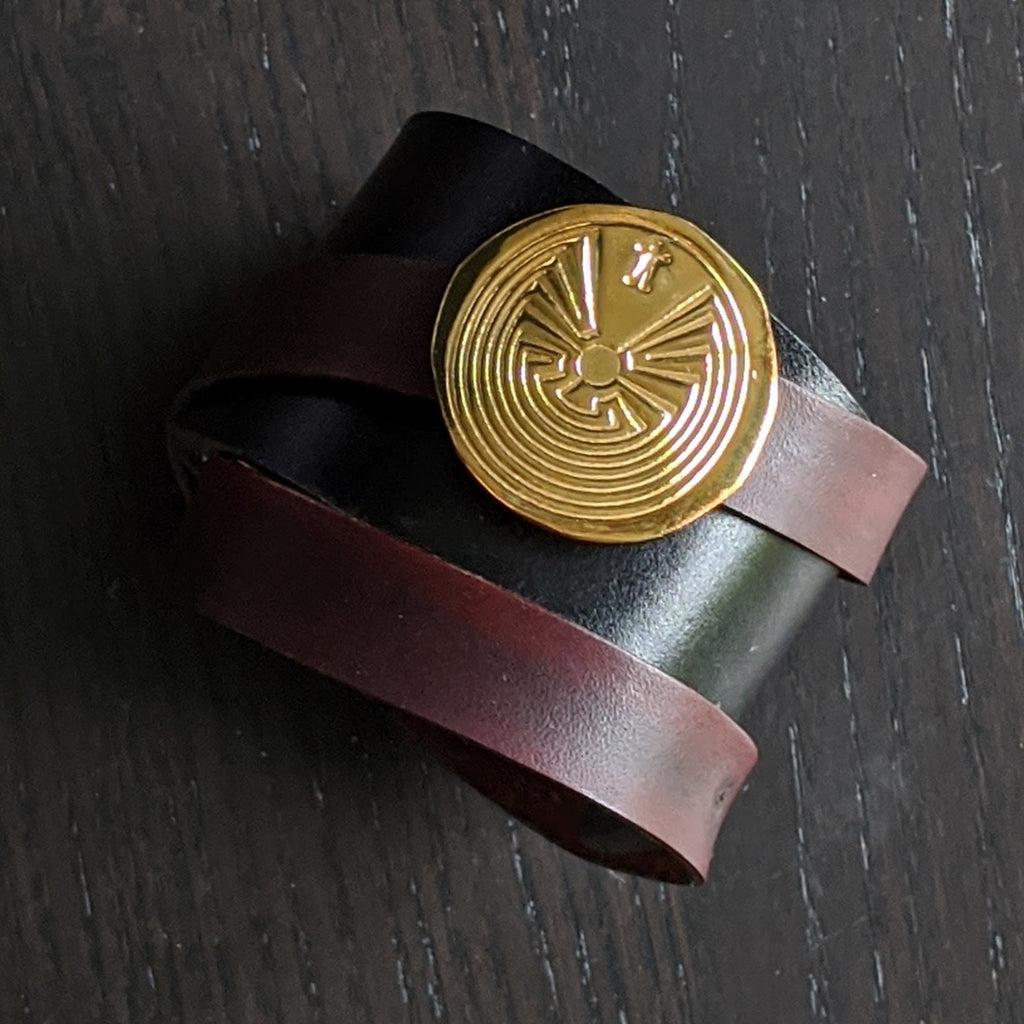 LEATHER BRACELET WITH GOLDEN MAZE AMULET | < Z-FIRE.COM > .999 Fine Silver Amulet/ Removable 24K Gold Plated  1.5" Black leather bracelet, with a 0.6" mahogany wrap-around leather strap,  Leather rivets and button clasps are of base metals