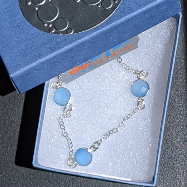 BLUE CHALCEDONY & GOLDEN CHAIN BRACELET | <Z-FIRE.COM>3 x 8mm Blue Chalcedony Components Sterling Silver Chain Size 7" Free Astrological Chart Free Shipping Hassle Free Returns