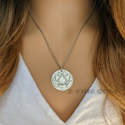 FROSTED LOTUS PENDANT | < Z-FIRE.COM > Add a Name on the back .950 Silver Purity Lotus Pendant .925 Sterling Silver Jump Ring About 1" Diameter  About 2.5 cm