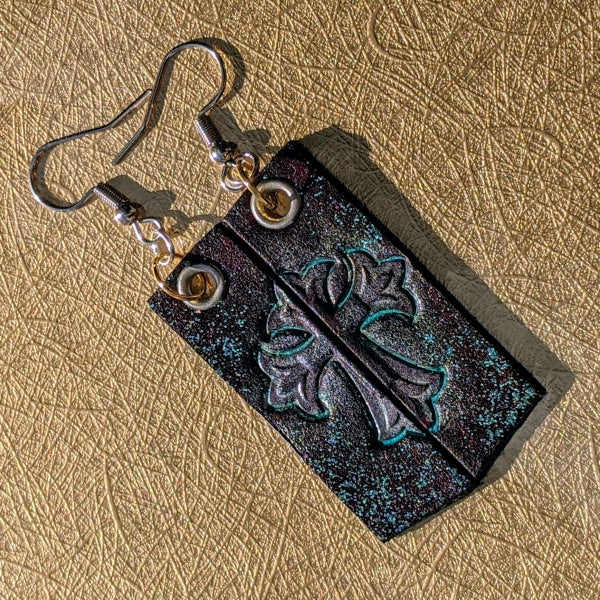 TEAL & LEATHER CROSS EARRINGS | < Z-FIRE.COM > Stainless Steel Earrings Genuine Leather Hand Stamped  Hand-Dyed & Painted