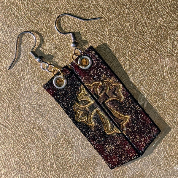GOLD & LEATHER CROSS EARRINGS | < Z-FIRE.COM > Stainless Steel Earrings Genuine Leather Hand Stamped  Hand-Dyed & Painted