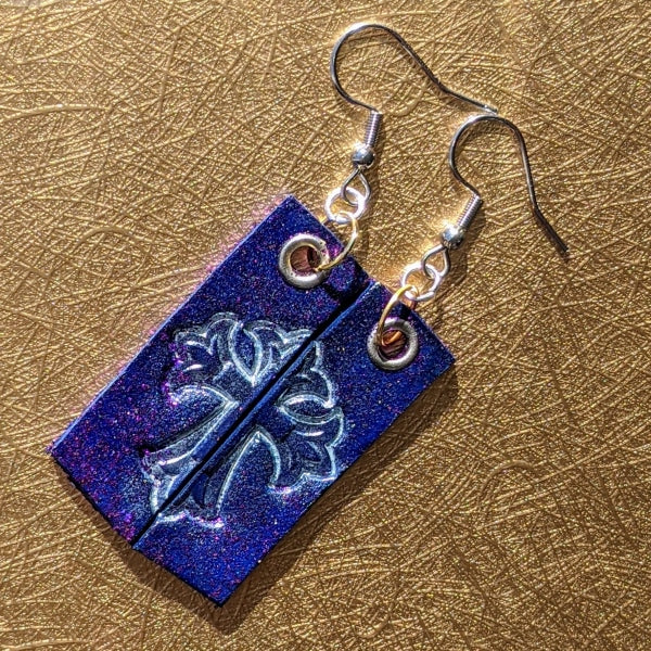 PURPLE & LEATHER CROSS EARRINGS | < Z-FIRE.COM > Stainless Steel Earrings Genuine Leather Hand Stamped  Hand-Dyed & Painted