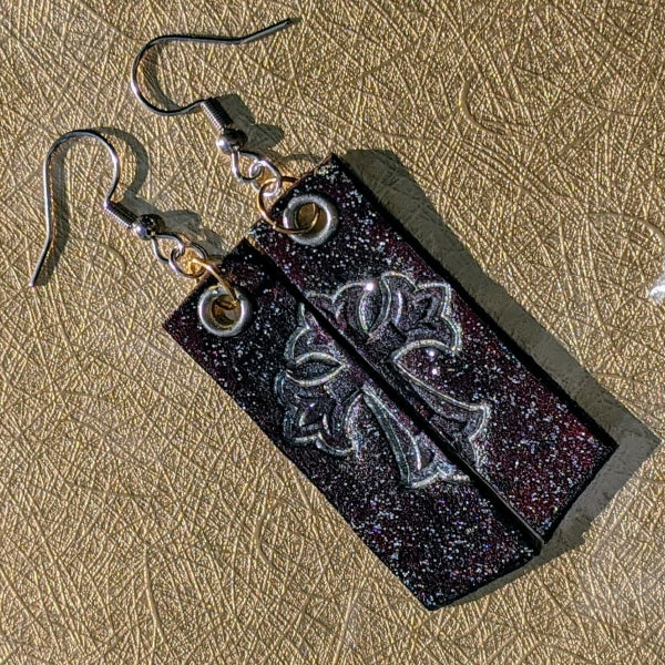 SILVER & LEATHER CROSS EARRINGS | < Z-FIRE.COM > Stainless Steel Earrings Genuine Leather Hand Stamped  Hand-Dyed & Painted
