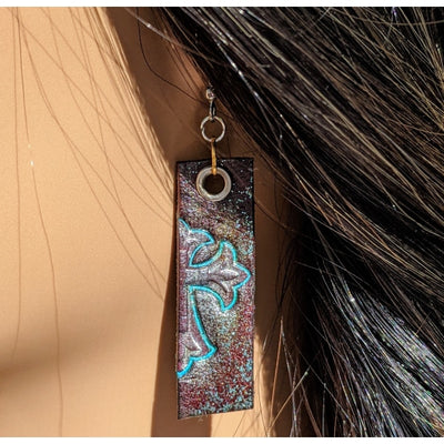 LEATHER & TEAL CROSS EARRINGS | < Z-FIRE.COM > Stainless Steel Earrings Genuine Leather Hand Stamped  Hand-Dyed & Painted