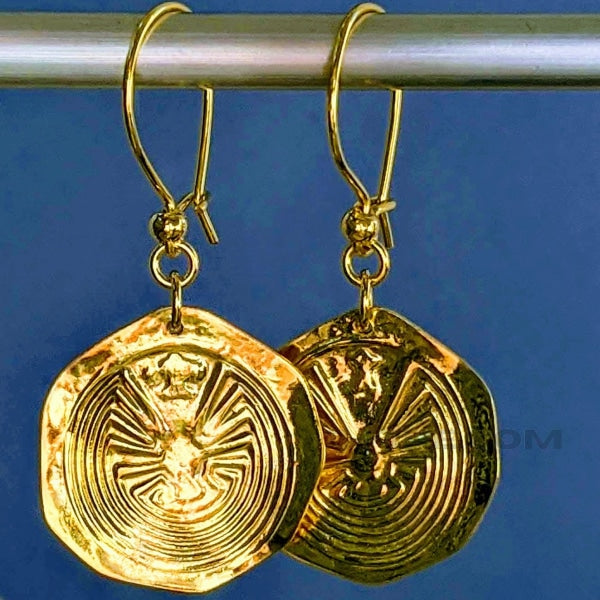 GOLDEN MAZE EARRINGS | <Z-FIRE.COM> 24 K Gold Plated..999 Fine Silver Maze..925 Sterling Silver Hoops.1 Inch wide.2.5 cm wide.1.75 Inches Total Length. 4.7 cm Total Length.Free Astrological Report.Free standard shipping Hassle Free Returns