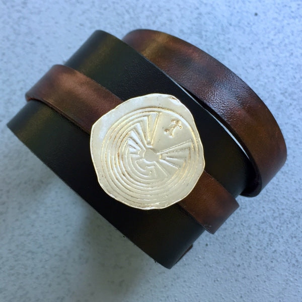 Leather Bracelet With Removable Maze Amulet 6.5-7 / Black/ Mahogany/ Silver Jewelry