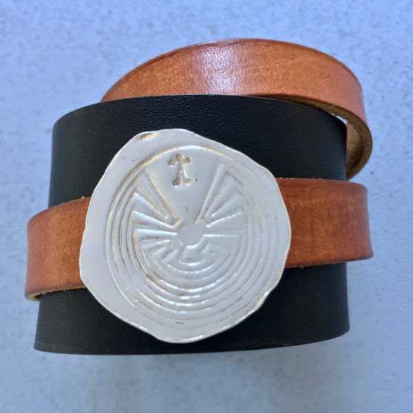LEATHER BRACELET WITH REMOVABLE MAZE AMULET | < Z-FIRE.COM > .999 Fine Silver Amulet/Charm 1.5" Black leather bracelet 0.6" Mahogany, Grey or Tan wrap-around Leather Strap Free Astrology Report Free Standard Shipping Hassle Free Returns