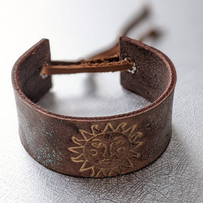 LEATHER SUN FACE BRACELET | < Z-FIRE.COM > Hand Stamped Sun Face Hand Painted  Hand-Dyed
