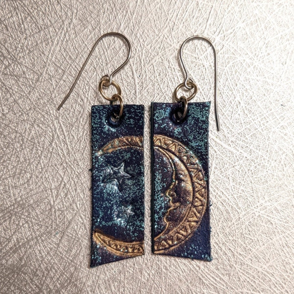 MOON EARRINGS | < Z-FIRE.COM > Stainless Steel Earwires Hand Stamped Leather Hand-Dyed Hand Painted 