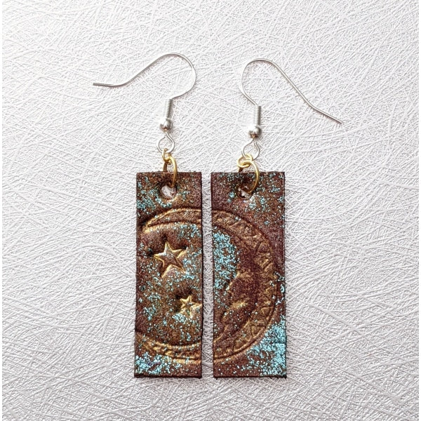 MOON EARRINGS | < Z-FIRE.COM > Silver Plated Earwires Hand Stamped Leather Hand Painted  Hand-Dyed