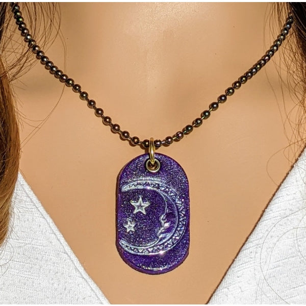 MOON PENDANT | < Z-FIRE.COM > Dark Metal Ball Chain Hand Stamped Leather Hand-Painted Silver Hand-Dyed Purple