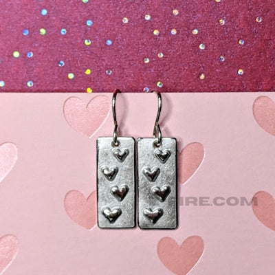 RECTANGLE HEARTS EARRINGS | < Z-FIRE.COM > Hearts are highlighted and polished on a frosted and rectangle background with highlighted and polished edges.  .950 Fine Silver Rectangle About 5/16" Wide About 0.75 cm Wide About 6/8" Long About 2 cm Long .925 Sterling Silver Ear Wires