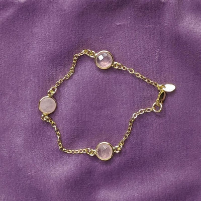 ROSE QUARTZ & GOLDEN CHAIN BRACELET | <Z-FIRE.COM> Rose quartz is often called the "Love Stone." The energetic hallmark of it is that of unconditional love that opens the heart chakra. As a variety of quartz, rose quartz has been long thought to be with high energy, and this intense energy possibly enhances love in virtually any situation 3 x 8mm Rose Quartz Components 24K Gold plated Sterling Silver Chain Size 7" Free Astrological Chart Free Shipping Hassle Free Returns