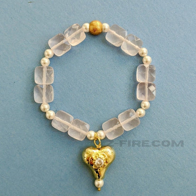 ROSE QUARTZ & HEART STRETCH BRACELET | <Z-FIRE.COM> 10 mm Checkered Cut Rose Quartz Onyx Beads White Swarovski Pearls Gold plated Sterling Silver Bead Hollow .999 Fine Silver Heart with Cubic Zirconia Universal Size Free Astrological Cart Free Shipping Hassle Free Returns
