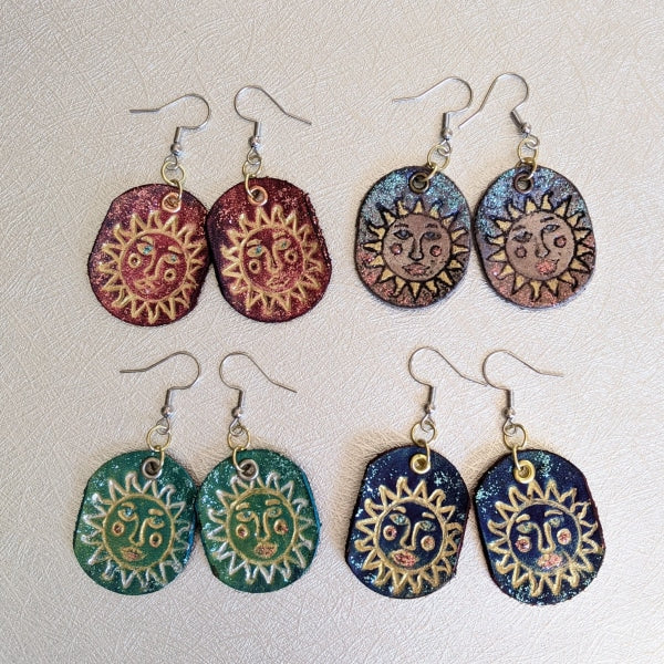 SUN EARRINGS | < Z-FIRER.COM > The sun's symbolism gives you the power and life energy to overcome obstacles and live your life with positive energy.  Leather earrings Hand Painted Silver Plated Earring Wire