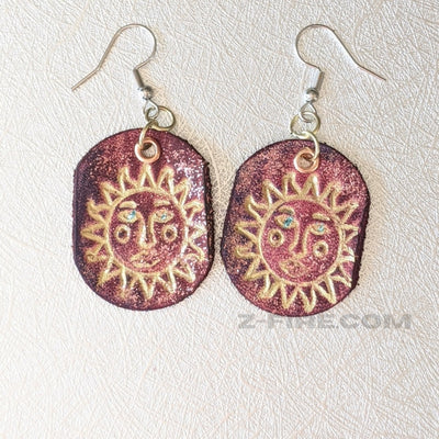 SUN EARRINGS | < Z-FIRE.COM > Leather earrings Hand Stamped Hand Painted Silver Plated Earring Wire