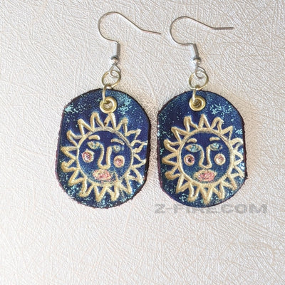SUN EARRINGS | < Z-FIRER.COM > The sun's symbolism gives you the power and life energy to overcome obstacles and live your life with positive energy.  Leather earrings Hand Painted Silver Plated Earring Wire