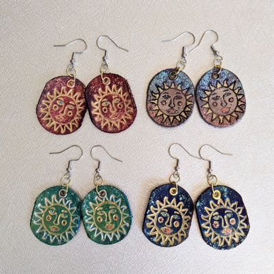 SUN EARRINGS | < Z-FIRE.COM > Leather earrings Hand Stamped Hand Painted Silver Plated Earring Wire